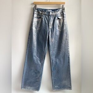 Zara Metallic Foil Coated Wide Leg Denim Jeans Blue Silver Size 4